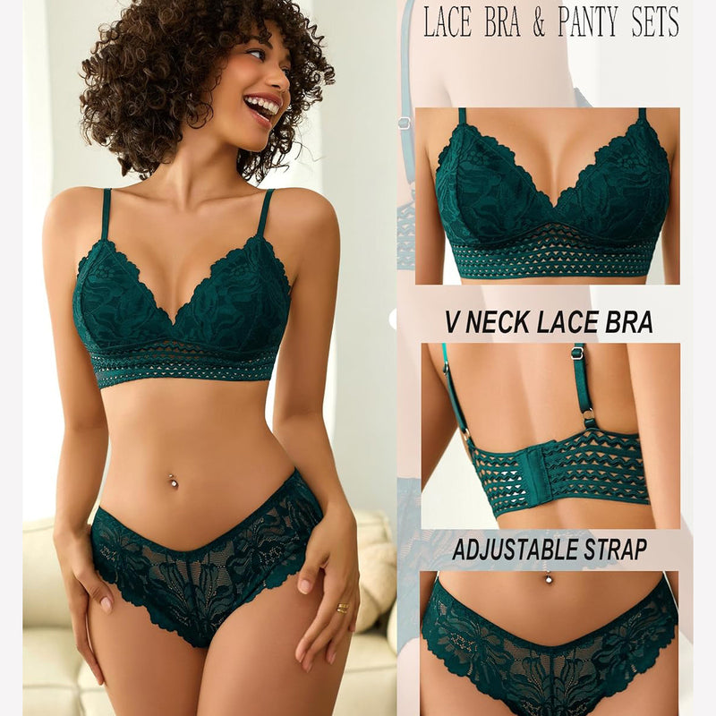 Teal floral lace bralette and panty set with adjustable straps. V neck lace bra and lace panty.
