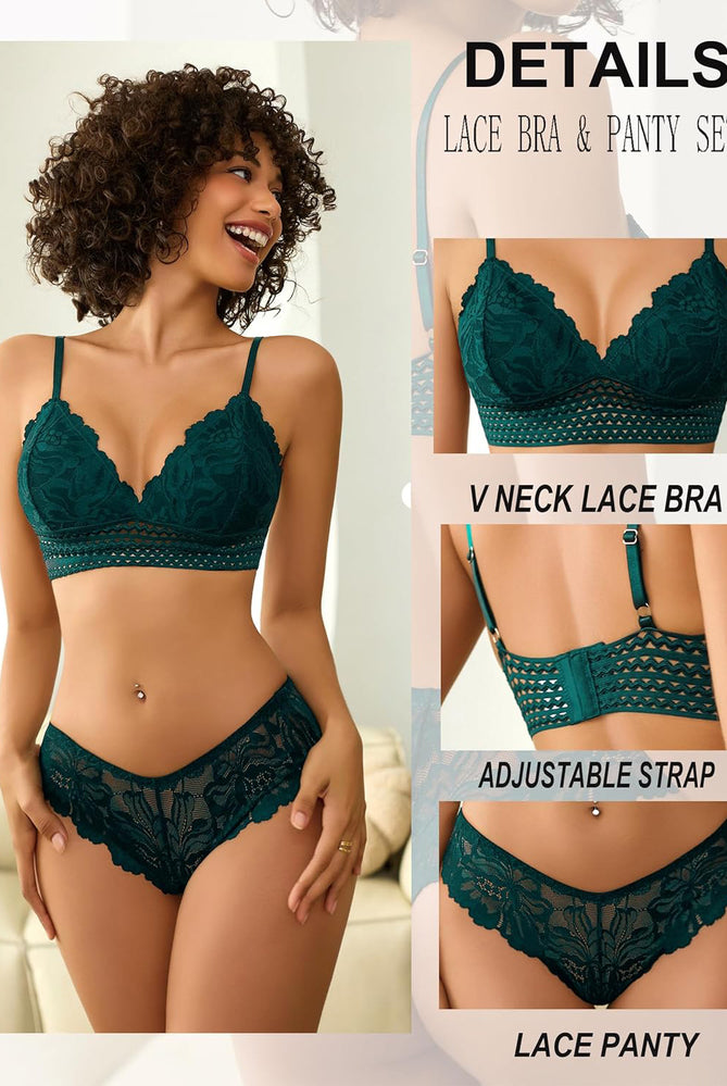 Teal floral lace bralette and panty set with adjustable straps. V neck lace bra and lace panty.
