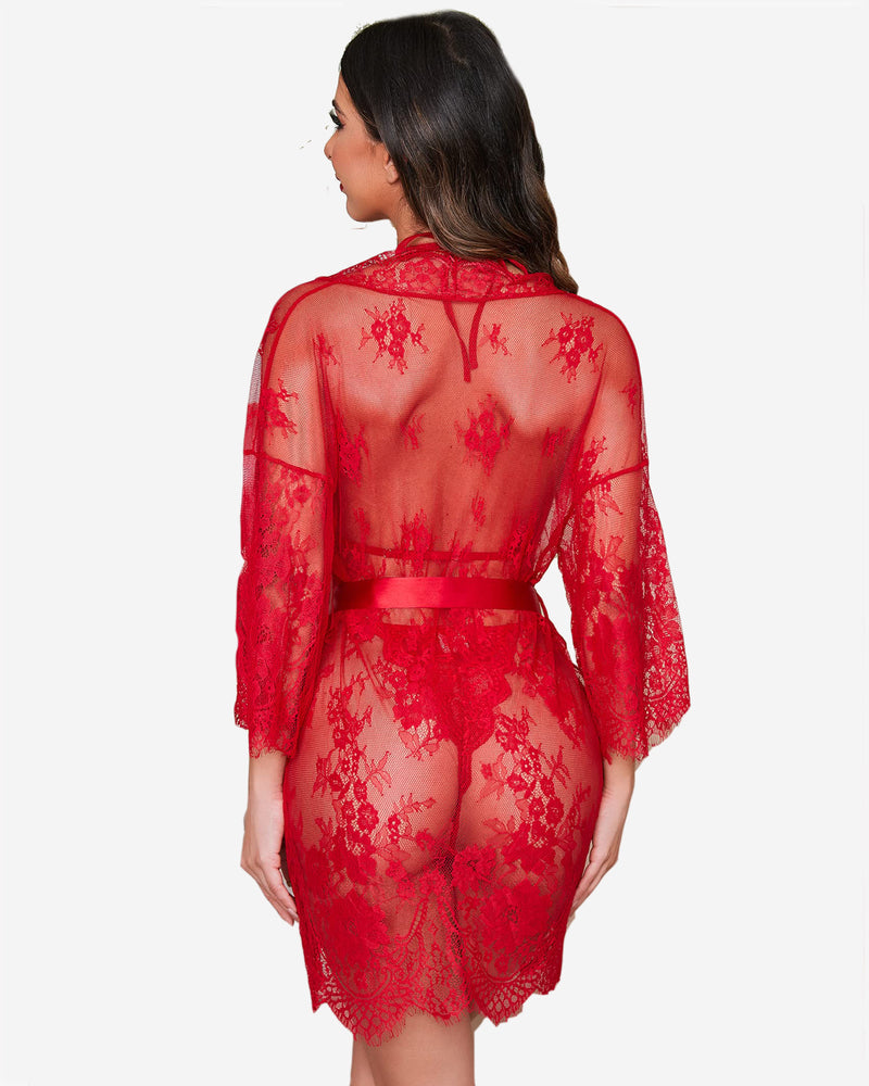 Red lace robe and teddy set with butterfly sleeves. Elegant lingerie for confident beauty.