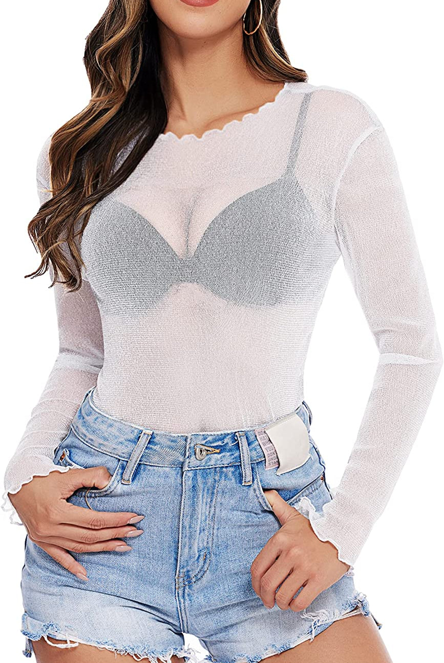 White mesh long sleeve see-through shirt with denim shorts. Stylish, perfect for a night out.