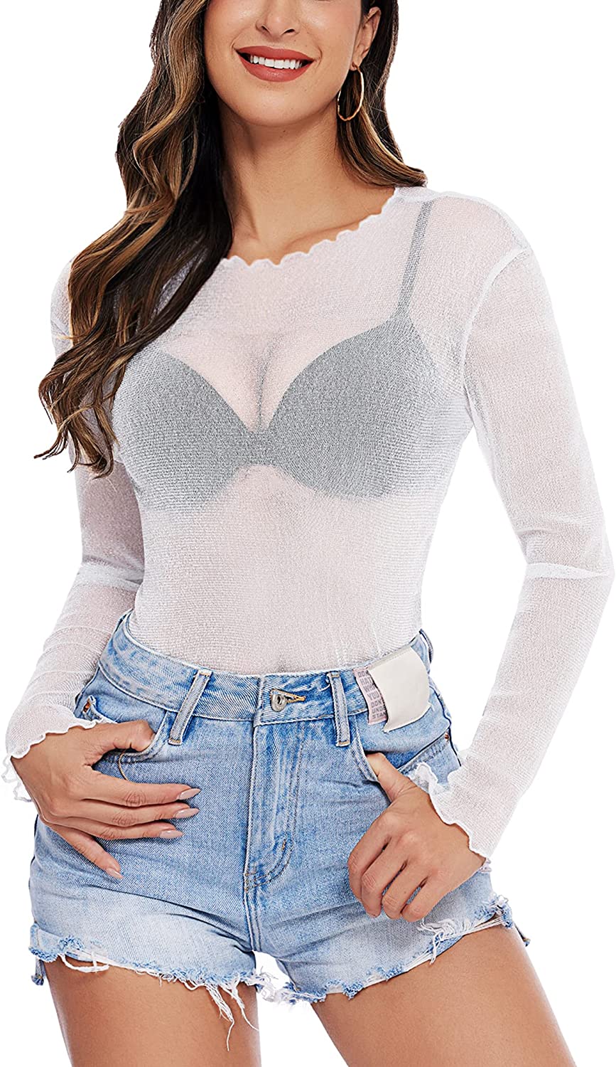 White mesh long sleeve see-through shirt with denim shorts. Stylish, perfect for a night out.
