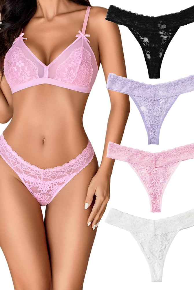 Lace low waist Brazilian panties set in pink, plus black, lavender, pink, and white