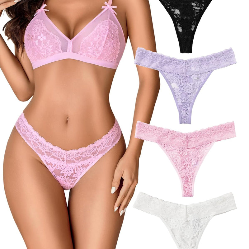 Lace low waist Brazilian panties set in pink, plus black, lavender, pink, and white