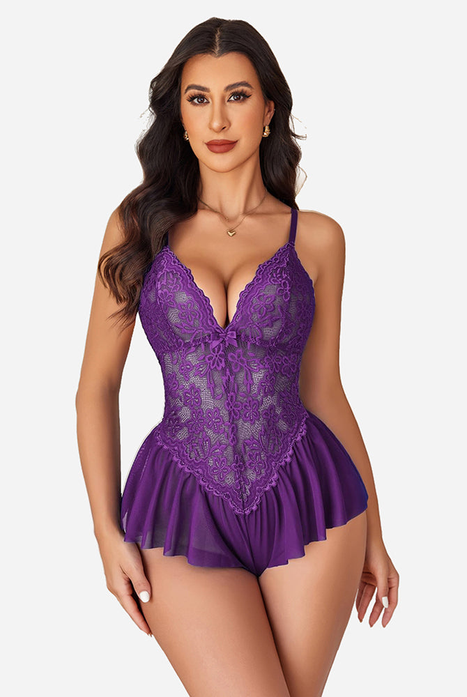 Purple floral lace bodysuit teddy, elegant lingerie for women