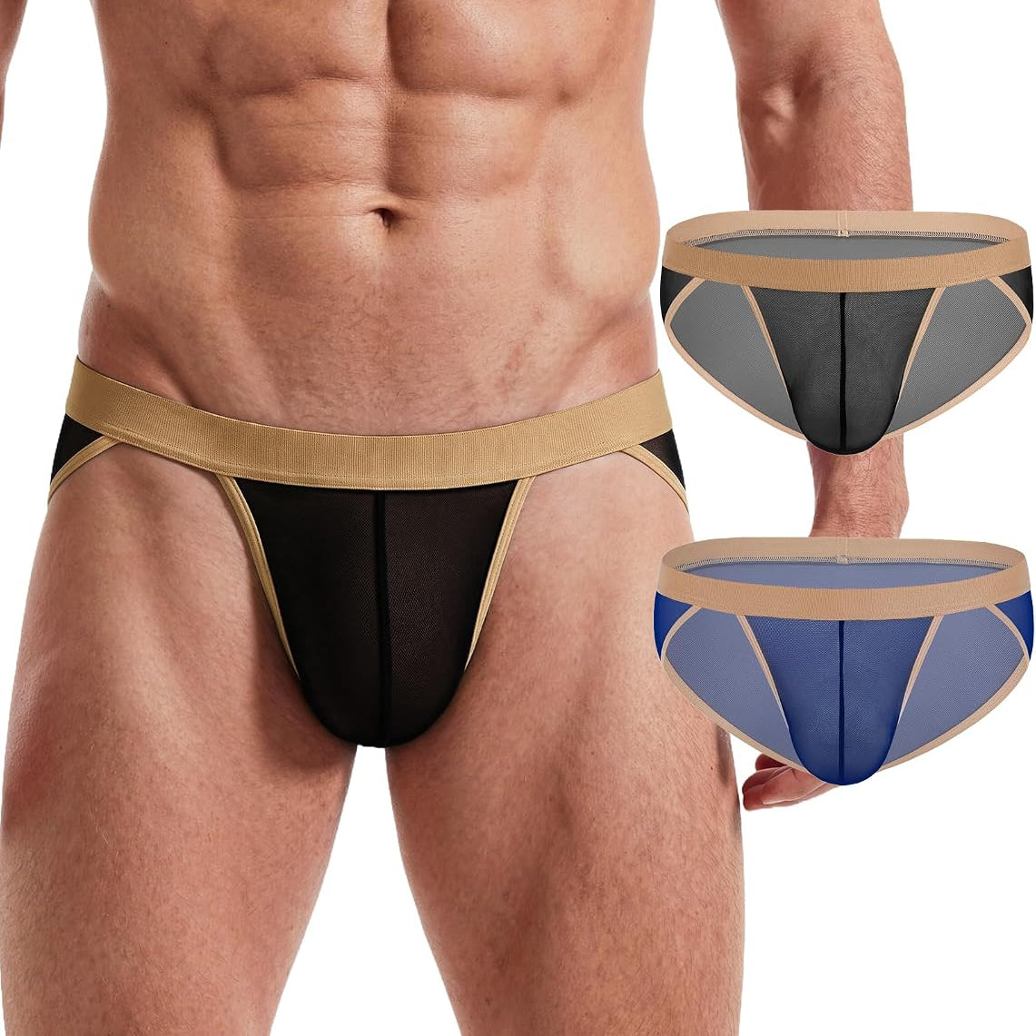 Men's sheer mesh contour pouch brief, gold waistband with black sheer front