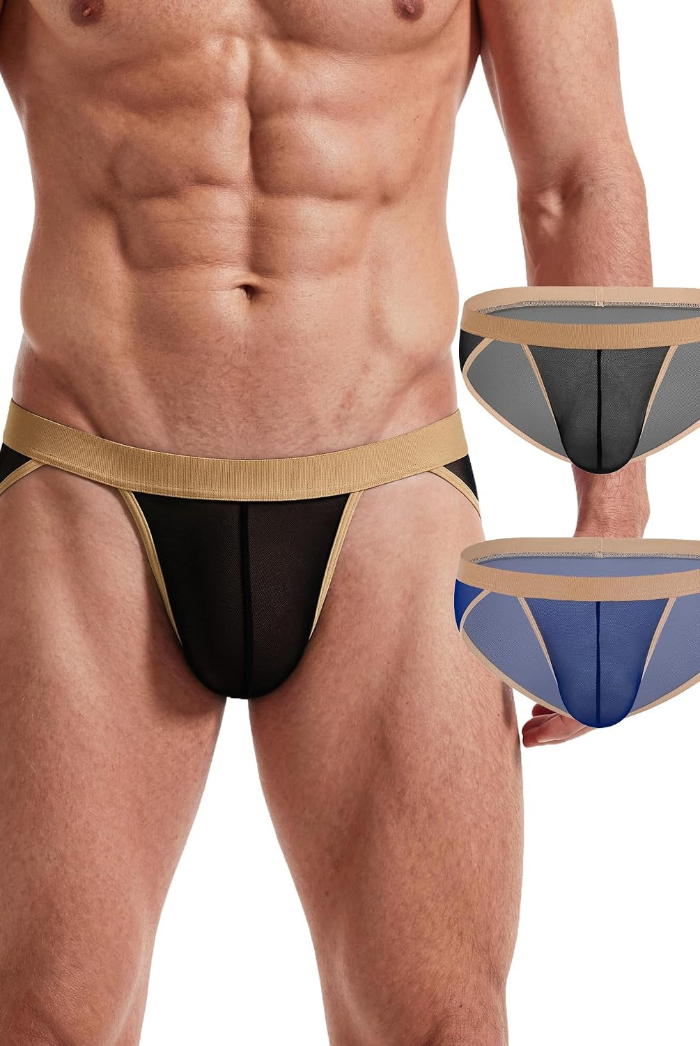 Men's sheer mesh contour pouch brief, gold waistband with black sheer front