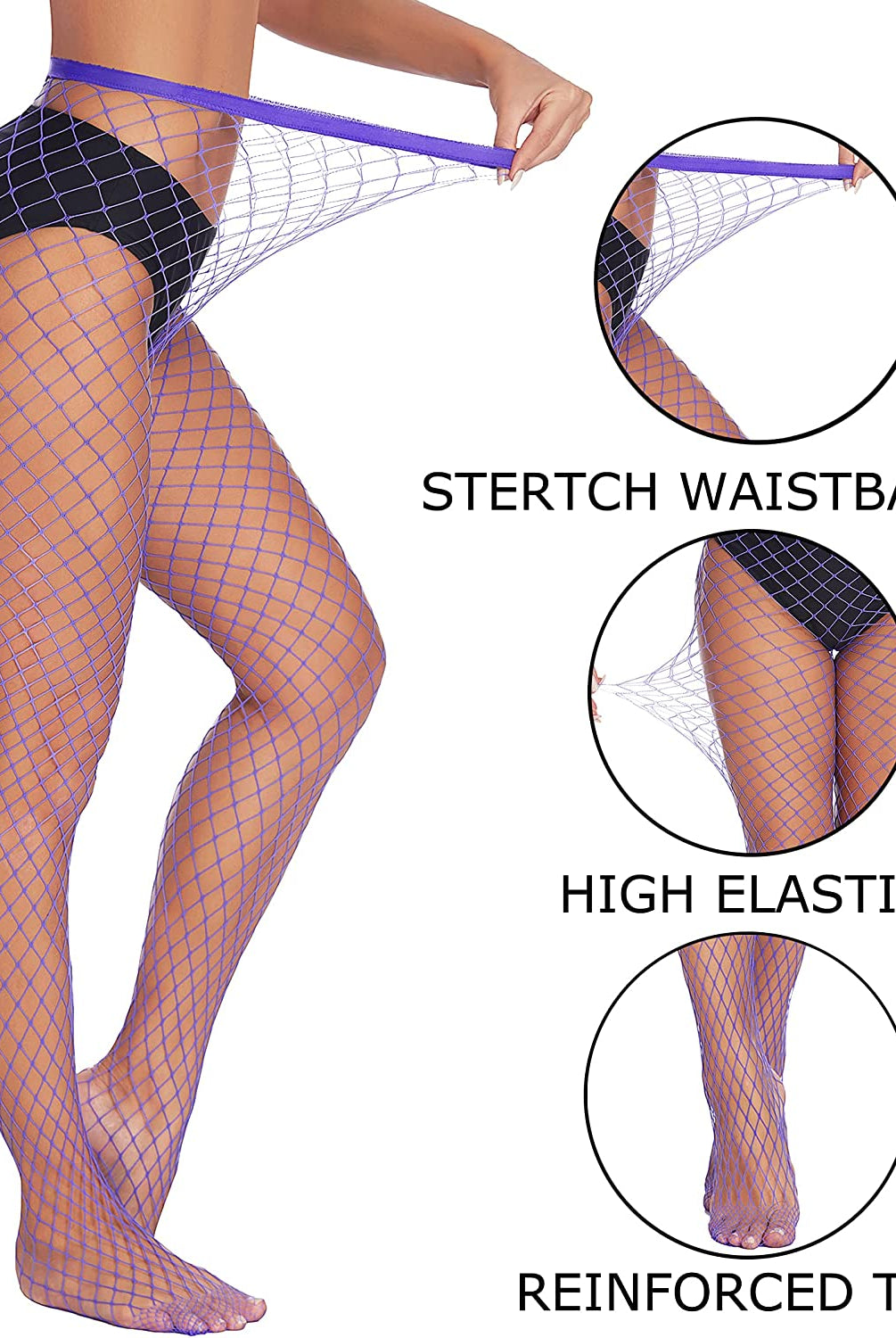Plus size purple fishnet stockings with diamond net, featuring stretch waistband and reinforced toe.