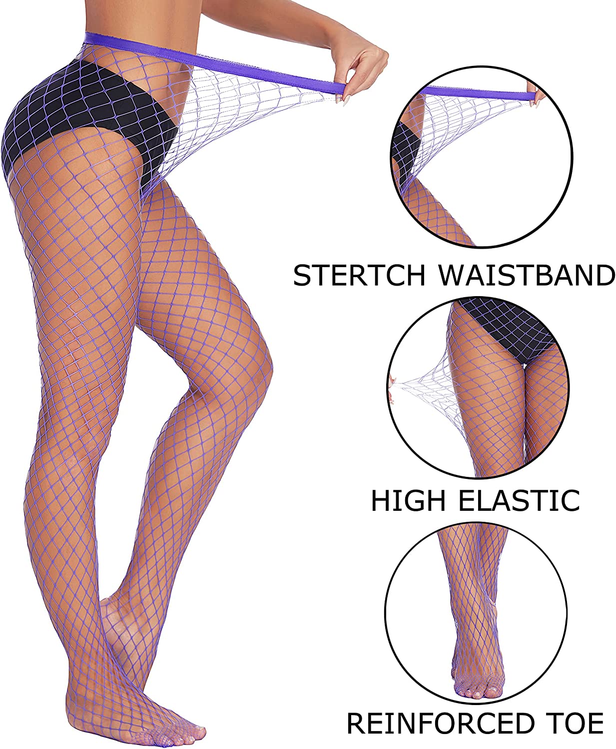 Plus size purple fishnet stockings with diamond net, featuring stretch waistband and reinforced toe.