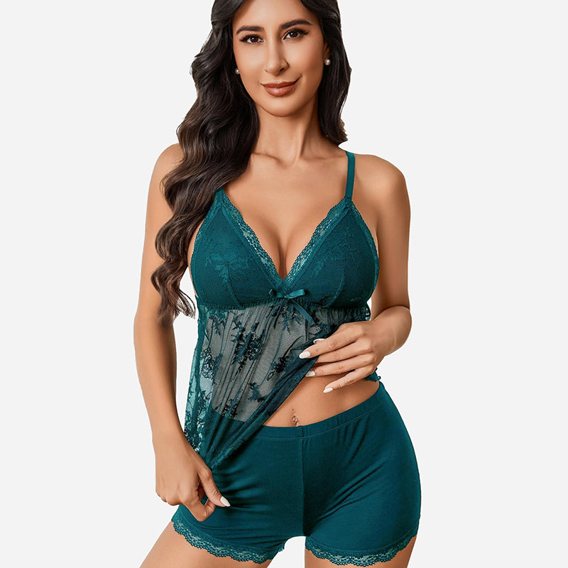 Teal lace cami pajama set with shorts, adjustable straps, and bow decor for sexy sleepwear