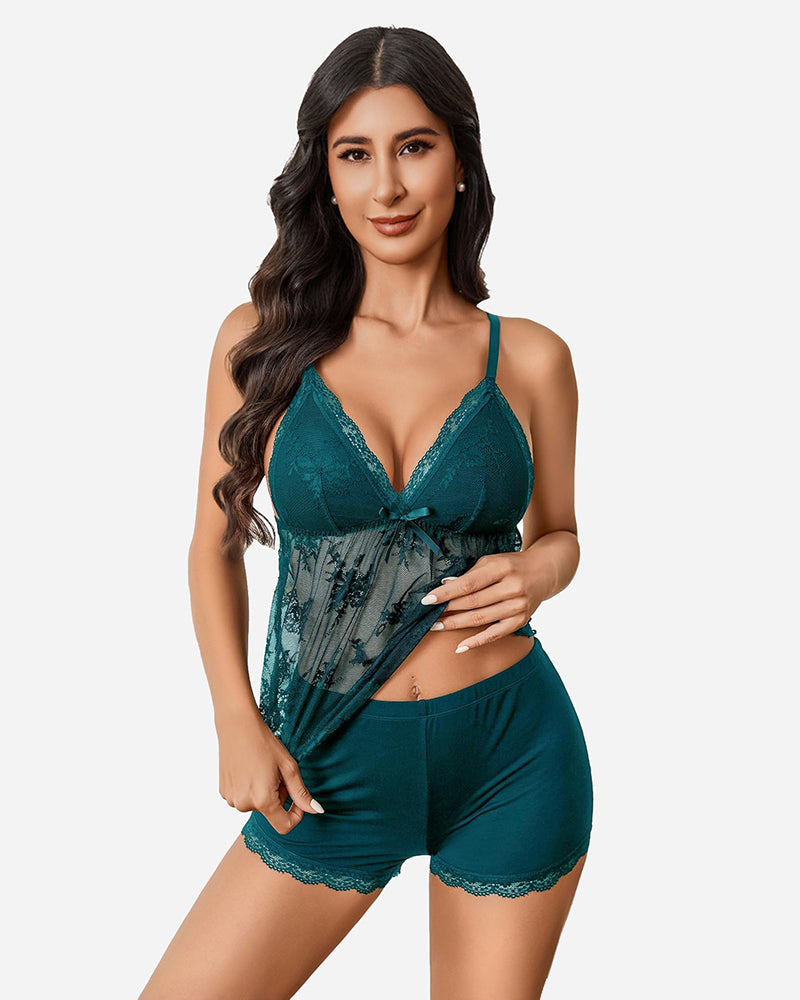 Teal lace cami pajama set with shorts, adjustable straps, and bow decor for sexy sleepwear