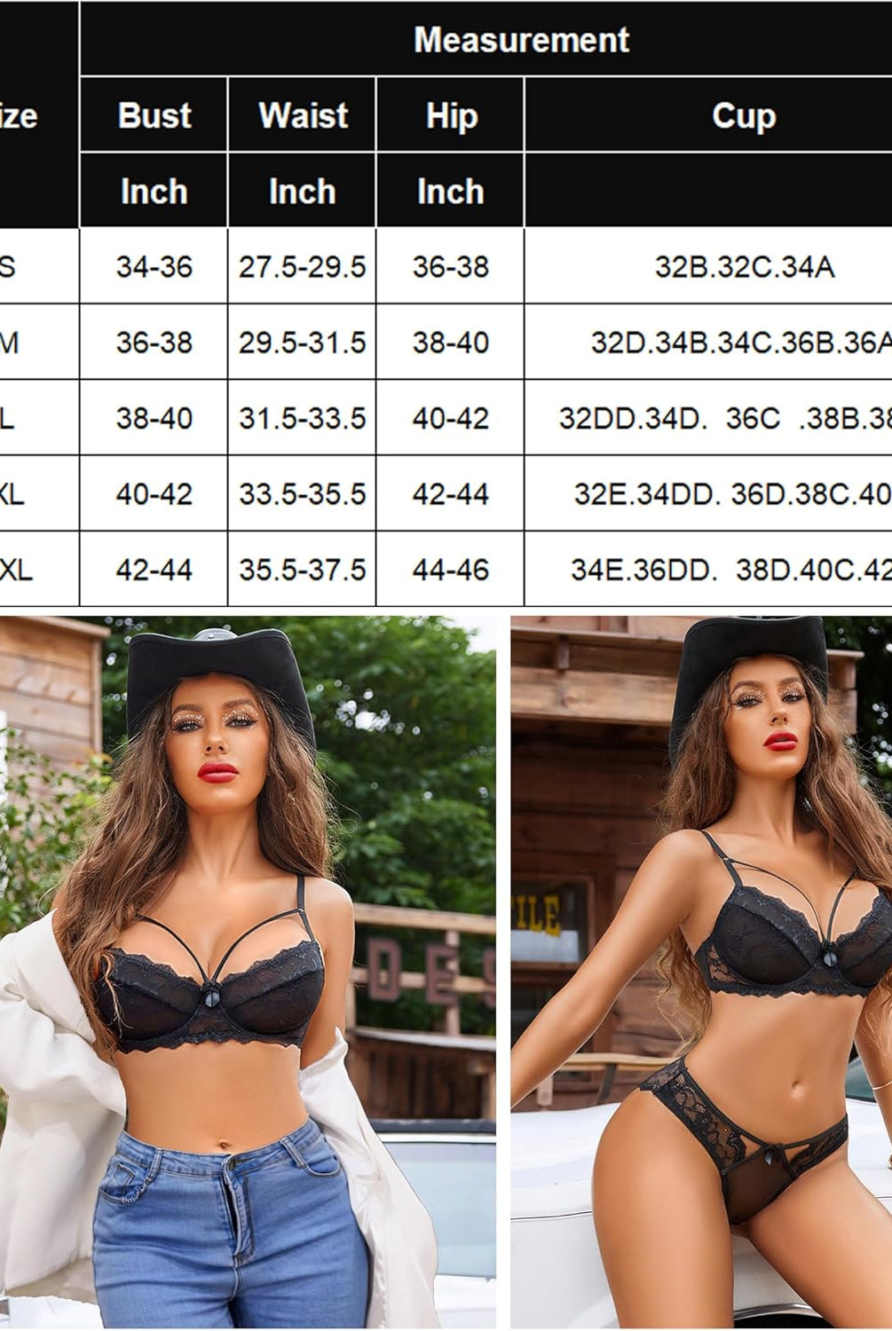 Black lace lingerie set, strappy bra and panty, cowboy hat, sizes S-XXL. Sweet nightwear.