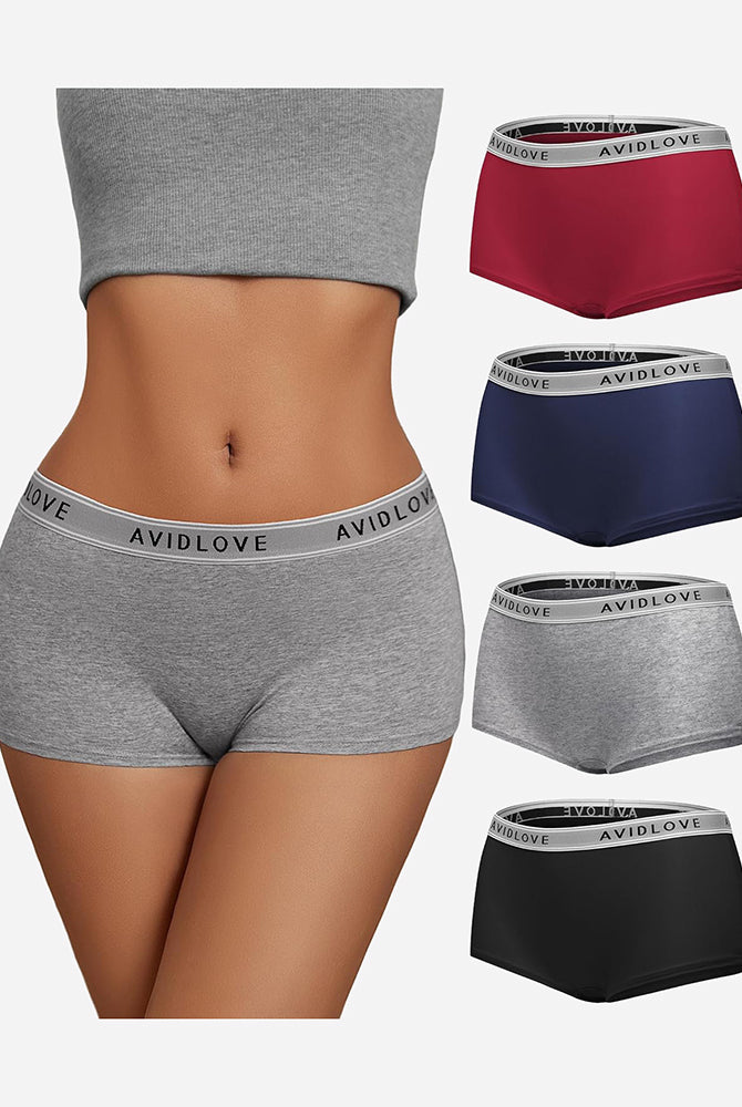 Avidlove cotton panties, full coverage shorts in multiple colors: grey, red, navy, black, low-rise.