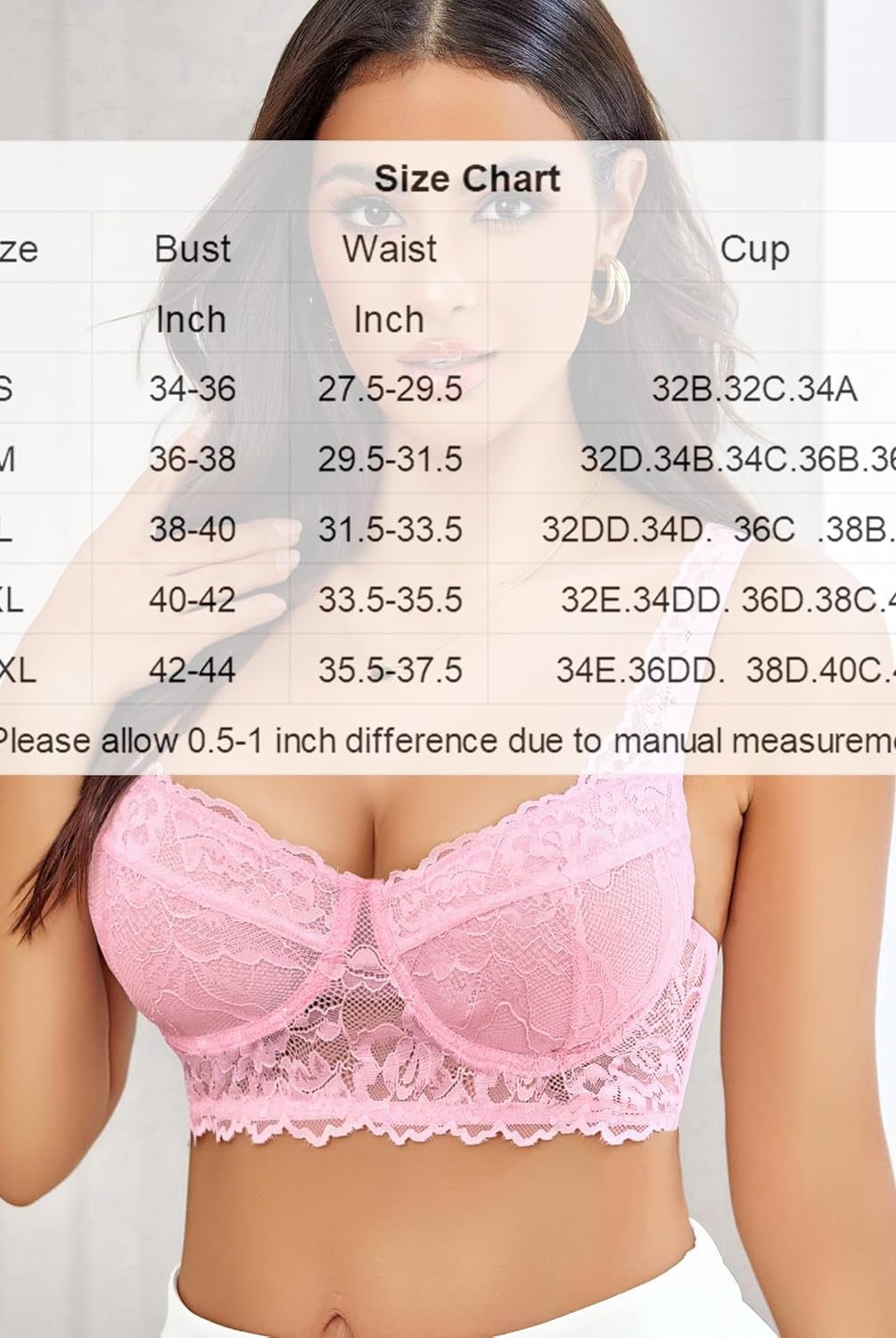 Pink lace bralette size chart. Underwire bra with bust, waist, and cup measurements from S to XXL.