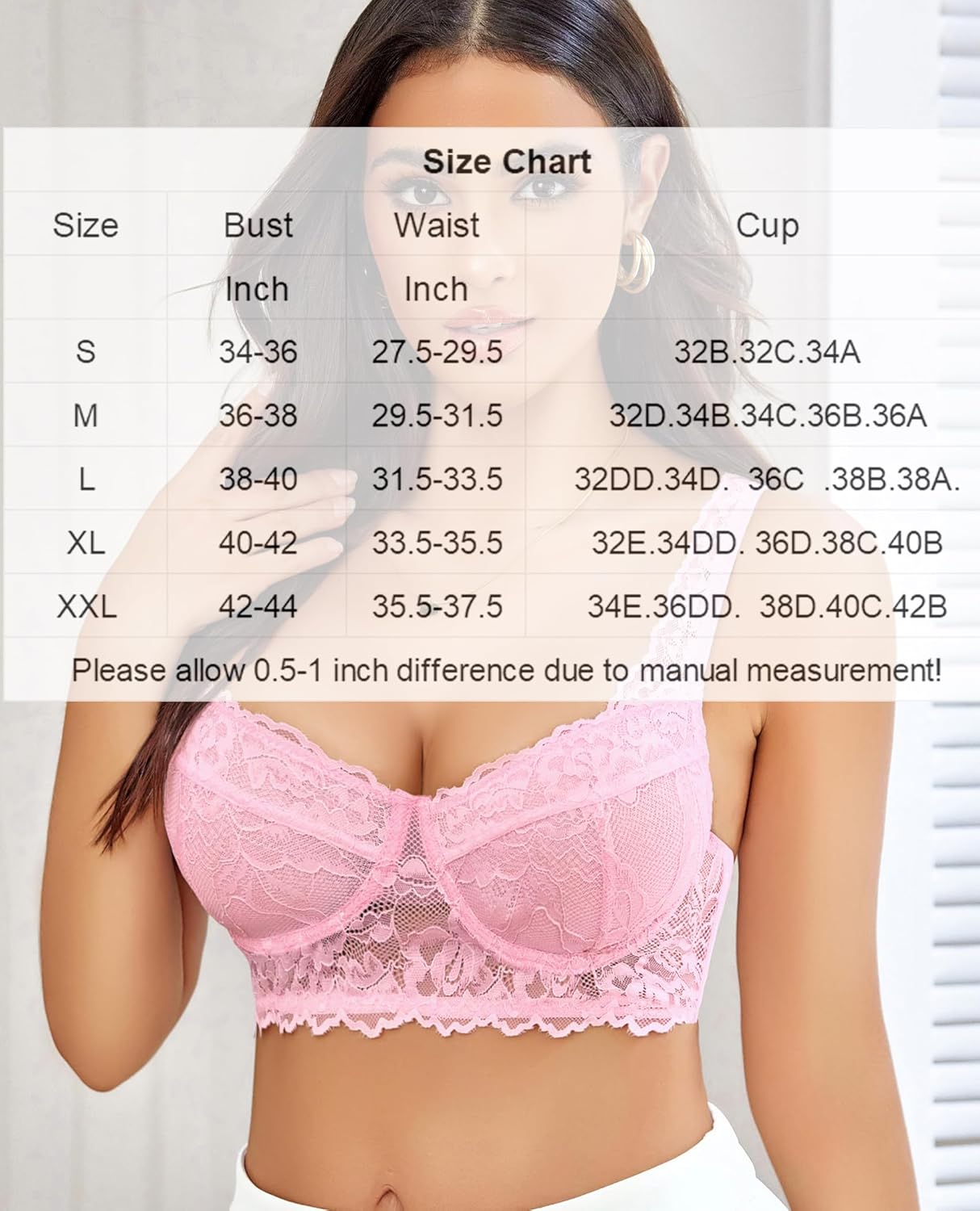 Pink lace bralette size chart. Underwire bra with bust, waist, and cup measurements from S to XXL.