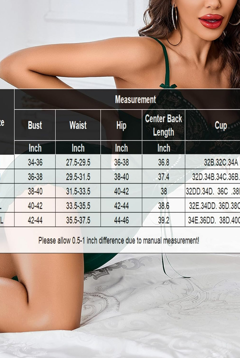 Lace chemise nightdress size chart. Measurements for S-XXL, for confidence and inner beauty.