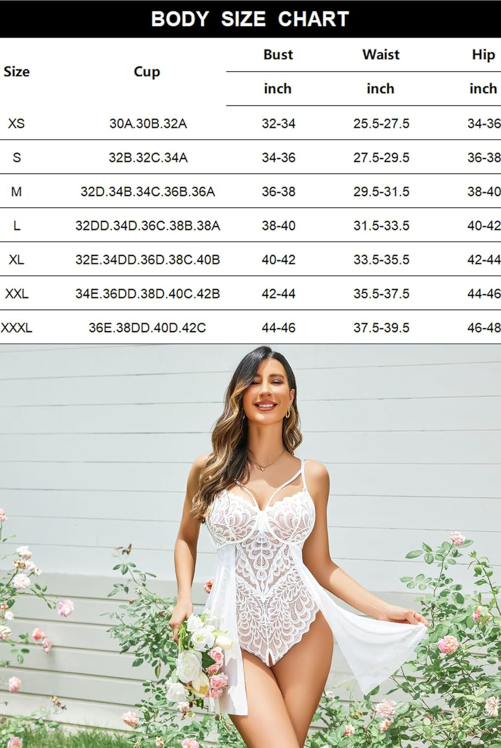 White lace teddy bodysuit with size chart, mesh overlay, and adjustable straps, lingerie