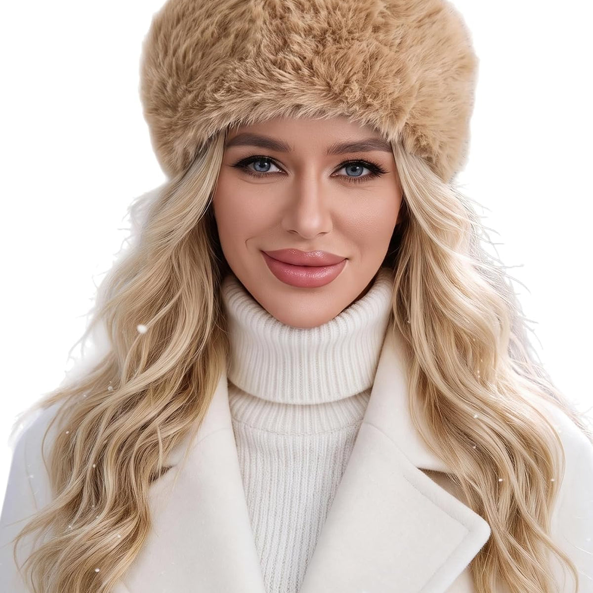 Faux fur headband with elastic, tan winter ear warmer for women