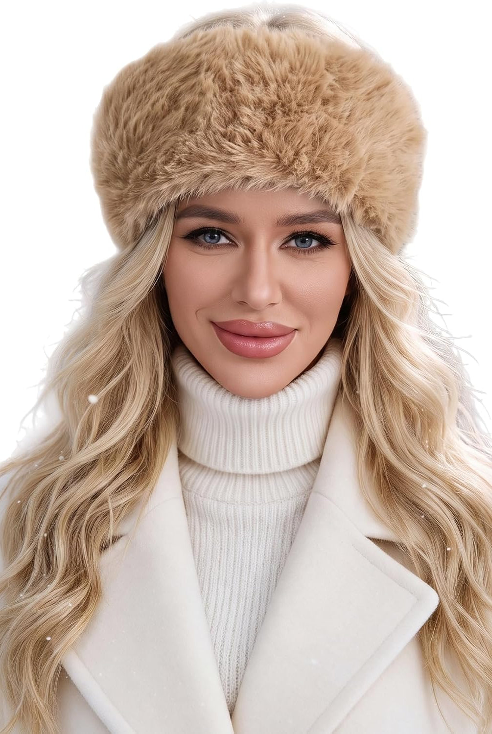 Faux fur headband with elastic, tan winter ear warmer for women