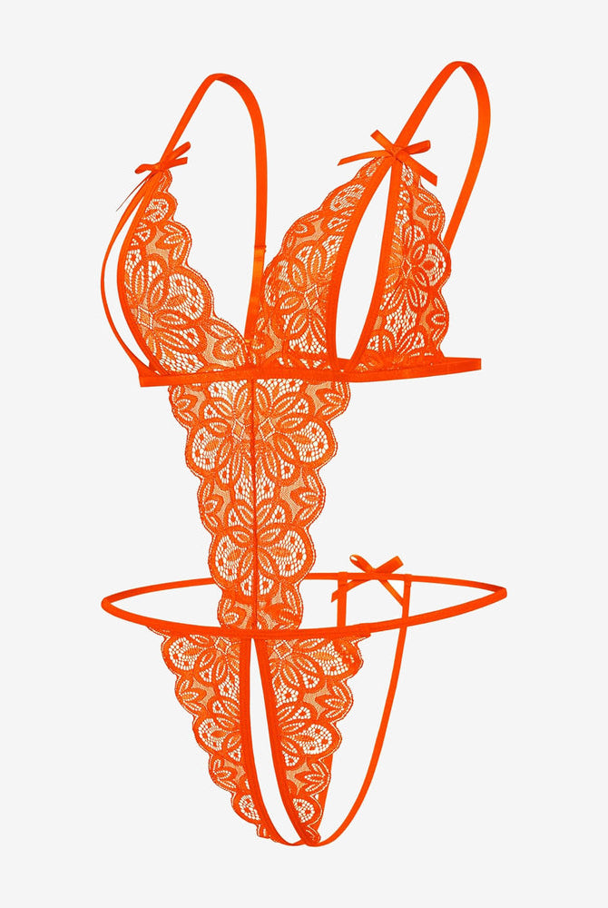Orange lace bodysuit with open cup, backless design, and bow details. Sexy lingerie