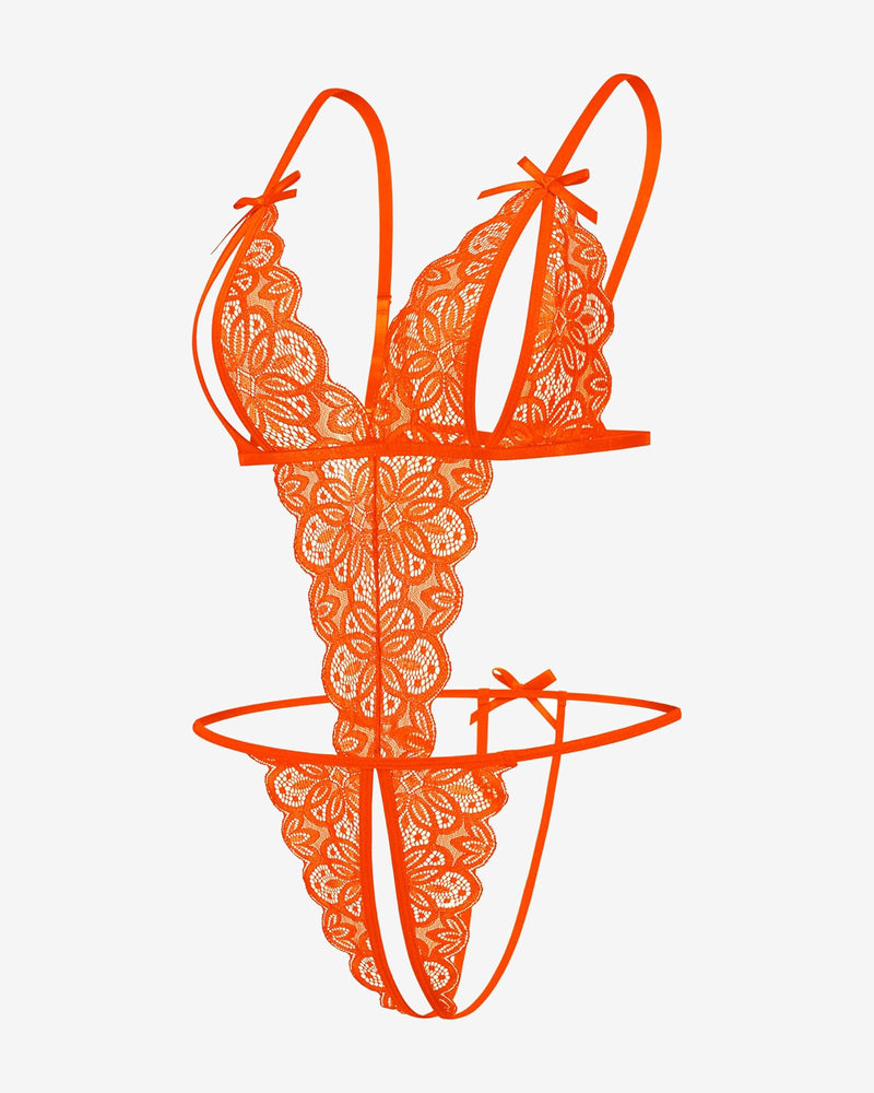 Orange lace bodysuit with open cup, backless design, and bow details. Sexy lingerie