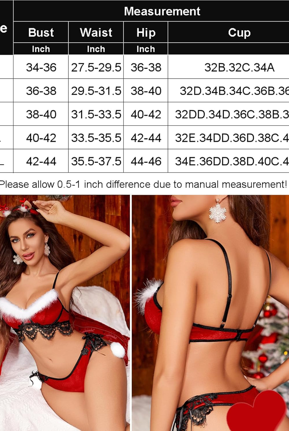 Christmas lingerie set, red velvet with black lace and fur trim, Santa outfit