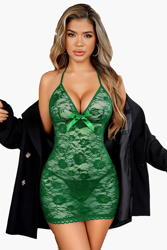 Green lace halter V neck sleepwear mini dress with bow, floral lace and G-string