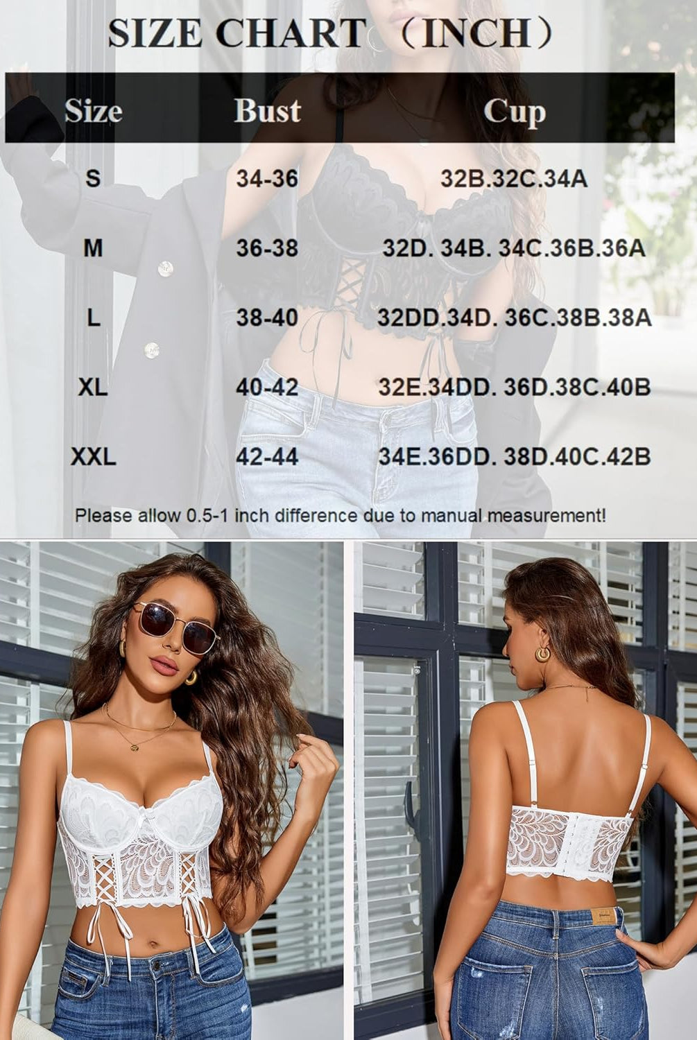 White lace corset bralette with underwire and adjustable straps. Sexy lingerie with size chart.