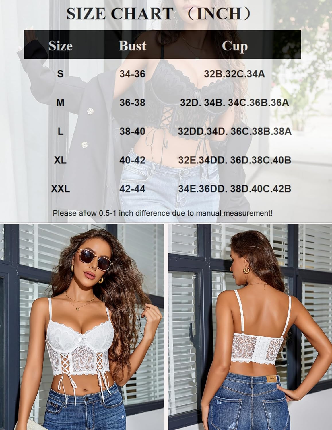 White lace corset bralette with underwire and adjustable straps. Sexy lingerie with size chart.