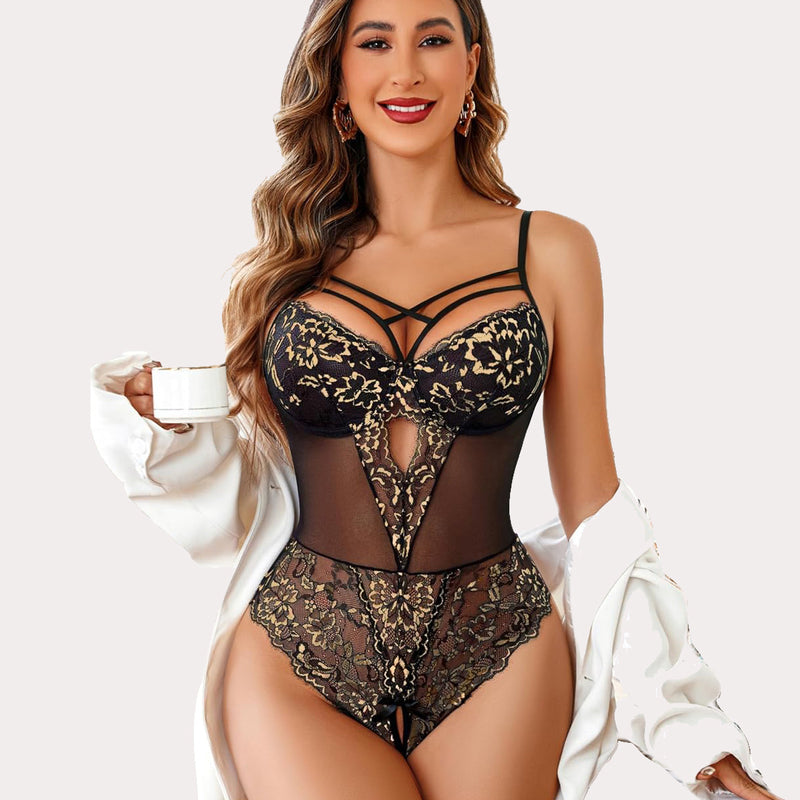 Black and gold lace criss-cross bodysuit with open crotch, adjustable straps, sexy lingerie gift.