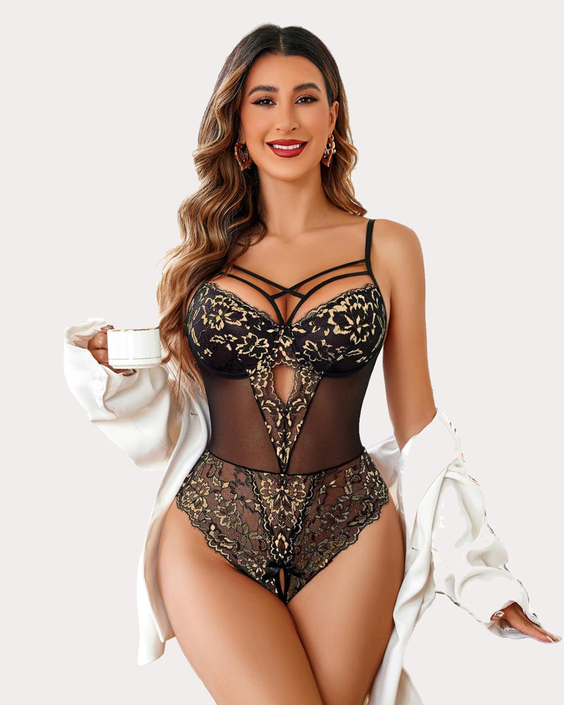 Black and gold lace criss-cross bodysuit with open crotch, adjustable straps, sexy lingerie gift.