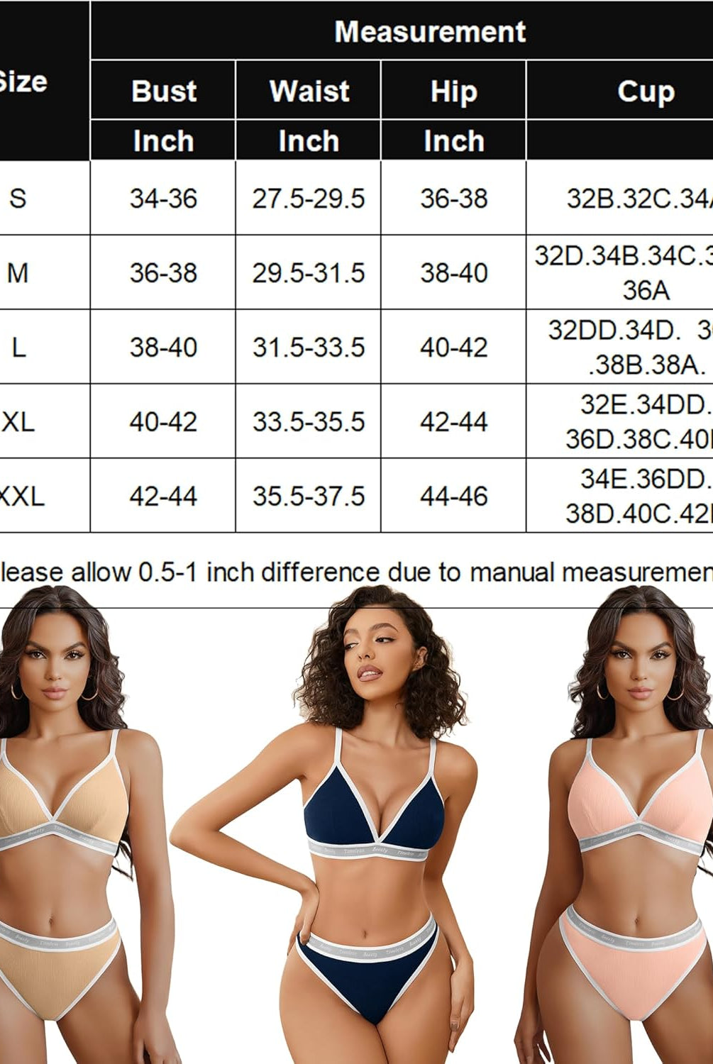 Contrast bra and panty set size chart, models, ribbed knit, adjustable straps, Avidlove.