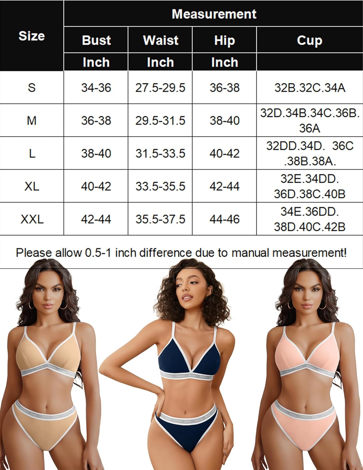 Contrast bra and panty set size chart, models, ribbed knit, adjustable straps, Avidlove.