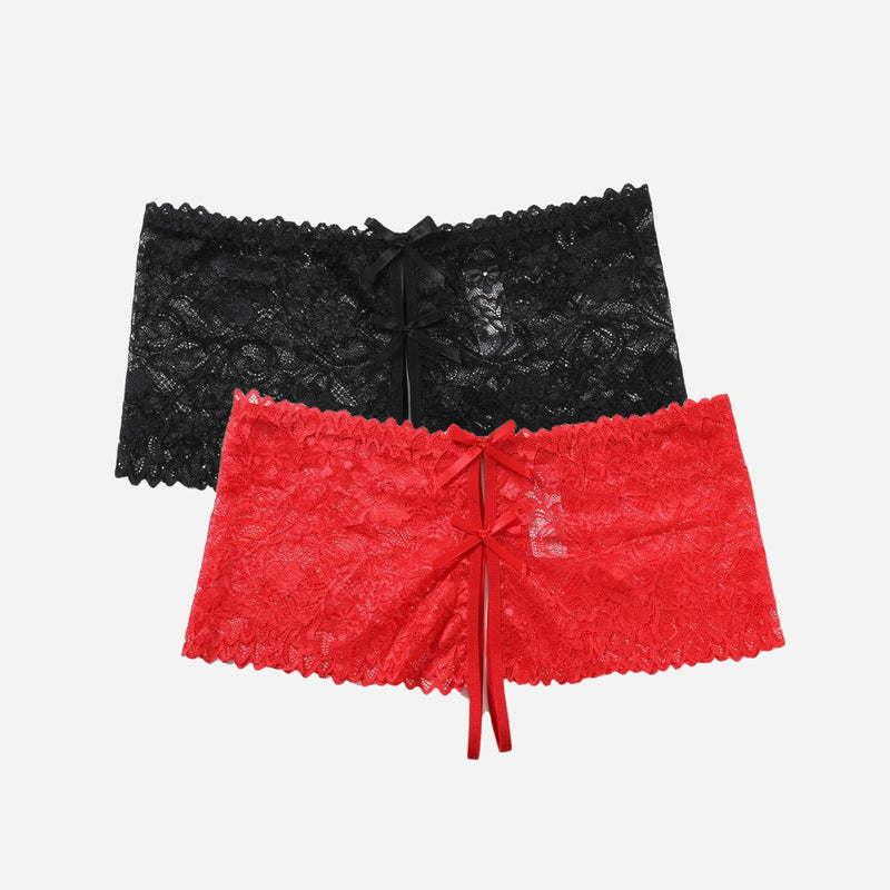 Black and red floral lace high waist panty with bow details