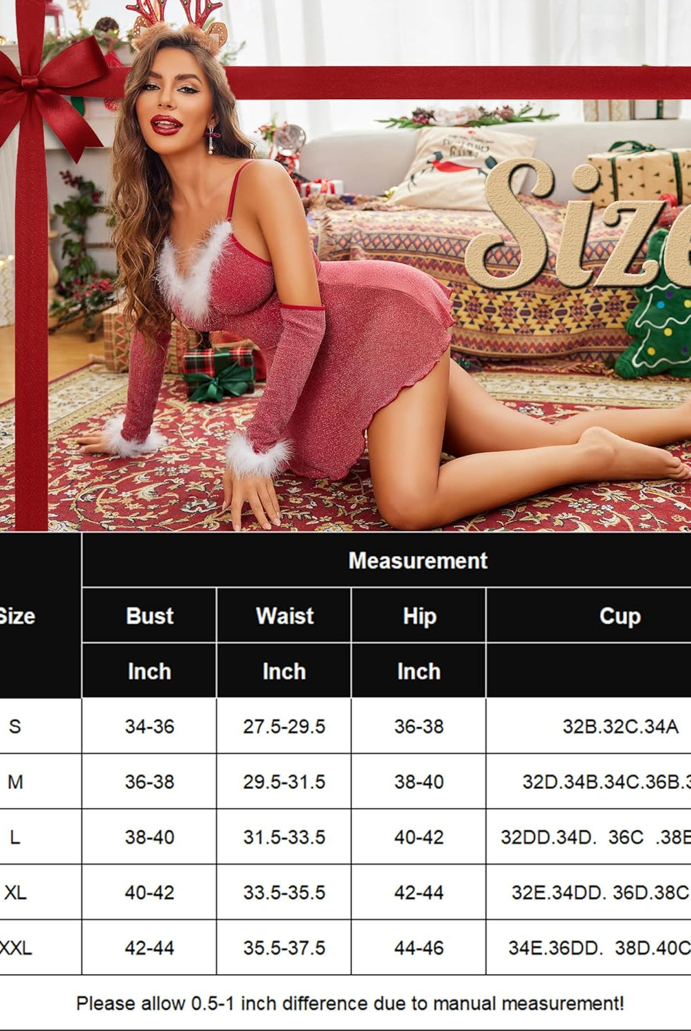 Red Christmas lingerie Santa dress with faux fur trim and gloves, includes size chart.