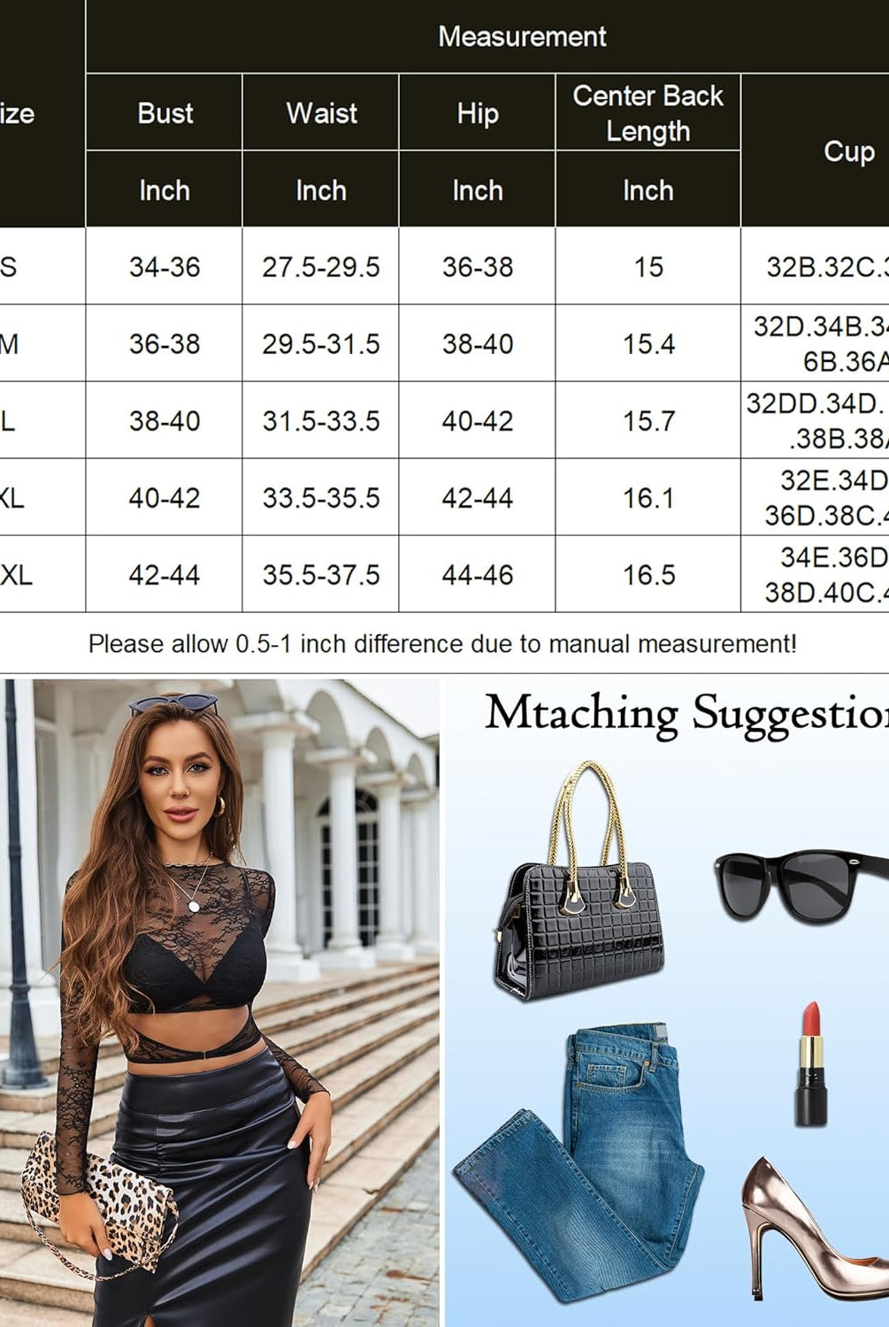 Mesh see through shirt with bra product, size chart, model in black skirt, and matching accessories.
