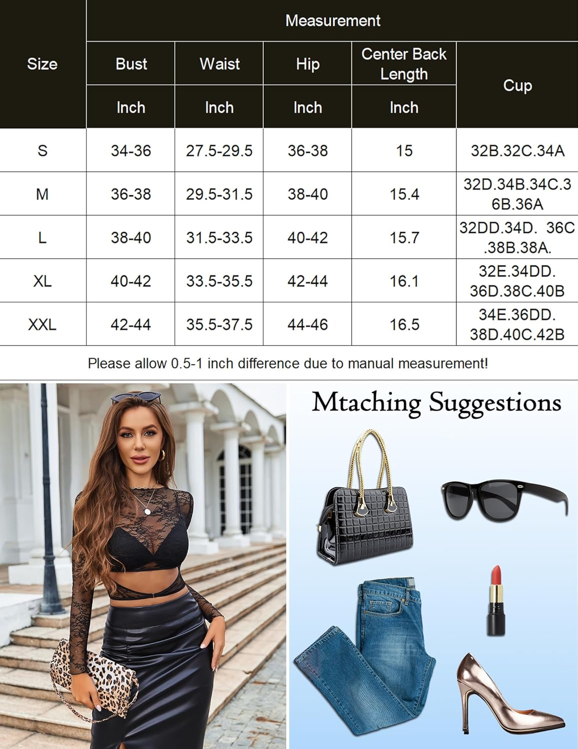 Mesh see through shirt with bra product, size chart, model in black skirt, and matching accessories.