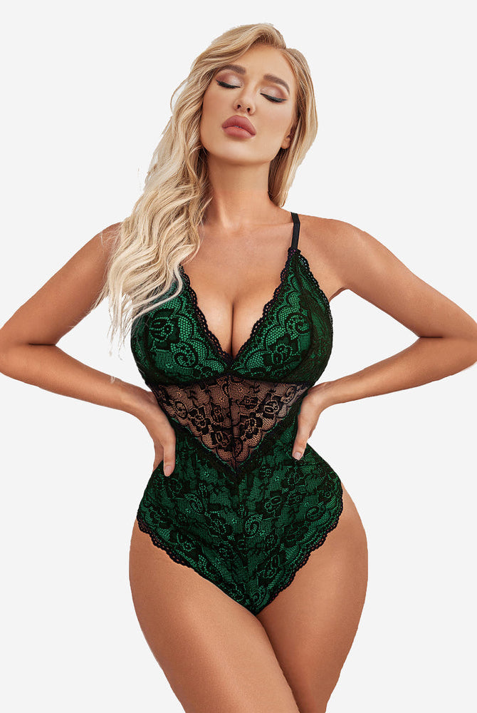 Green floral lace snap crotch teddy lingerie with black lace contrast, confident fit, Avidlove