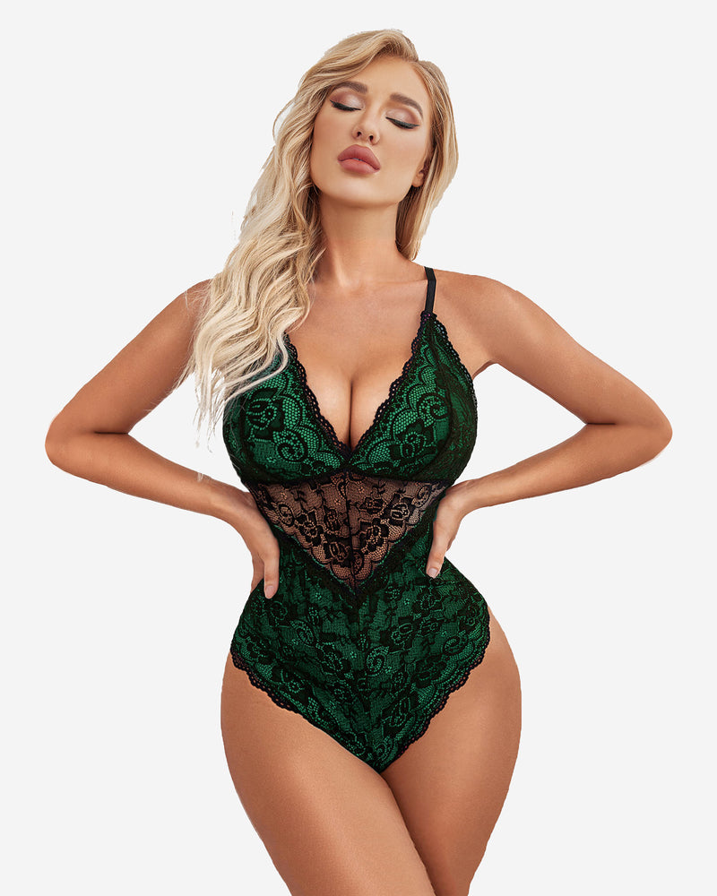 Green floral lace snap crotch teddy lingerie with black lace contrast, confident fit, Avidlove
