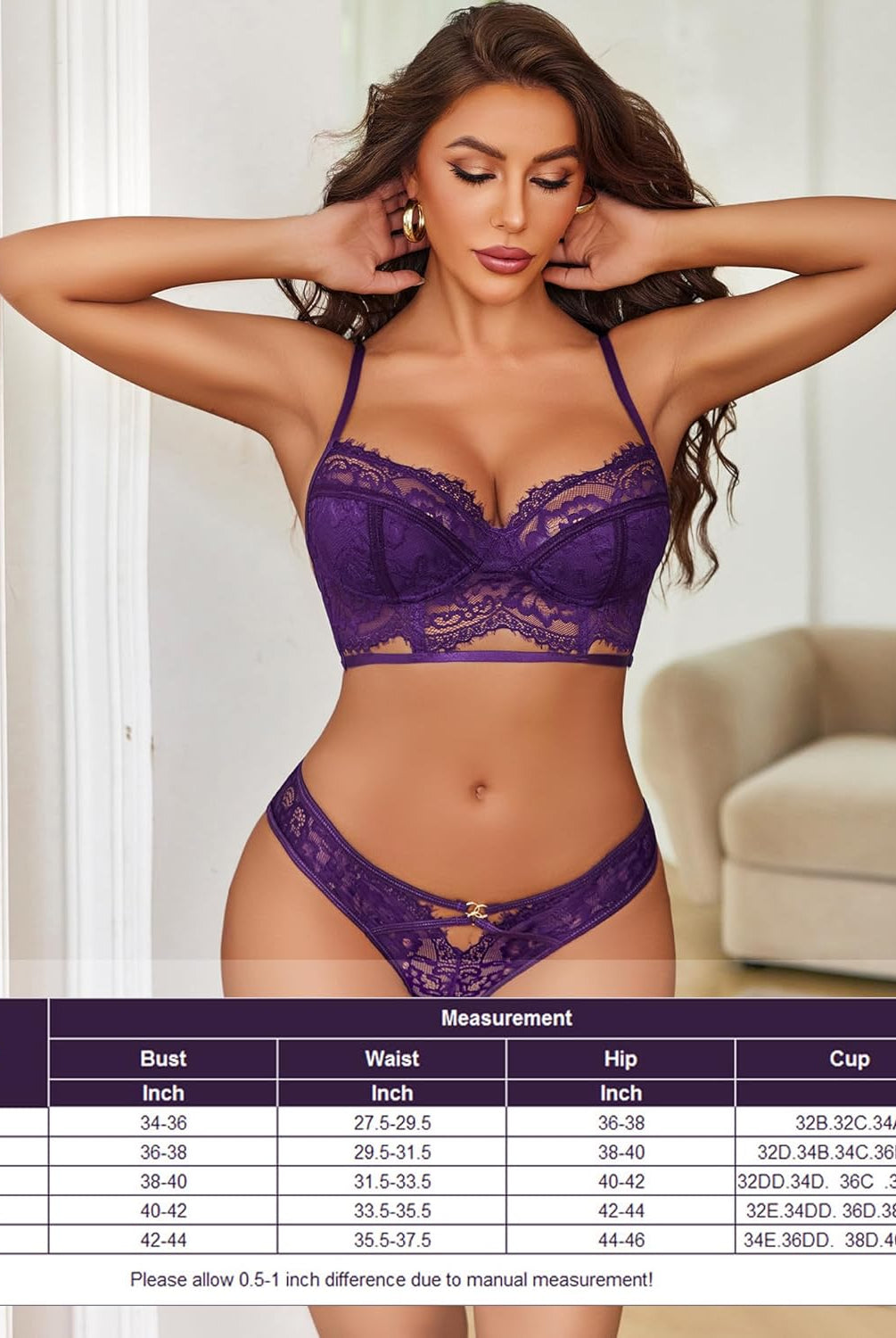 Purple lace bra and panty set with floral lace, adjustable straps, and size chart