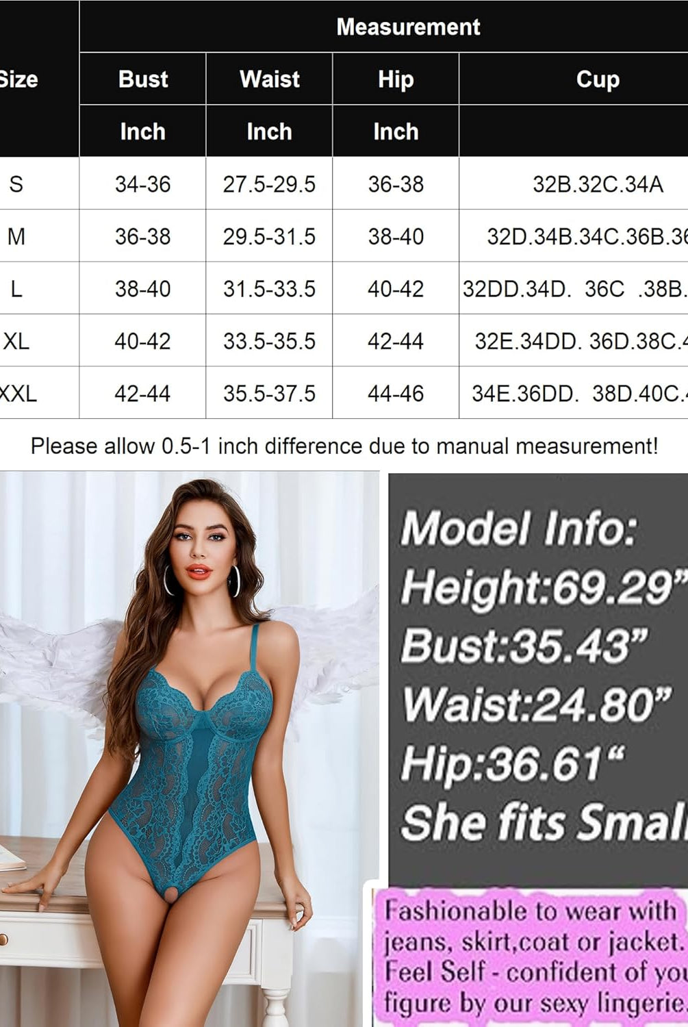 Teal lace Deep V cut-out one-piece lingerie. Model info, size chart included.