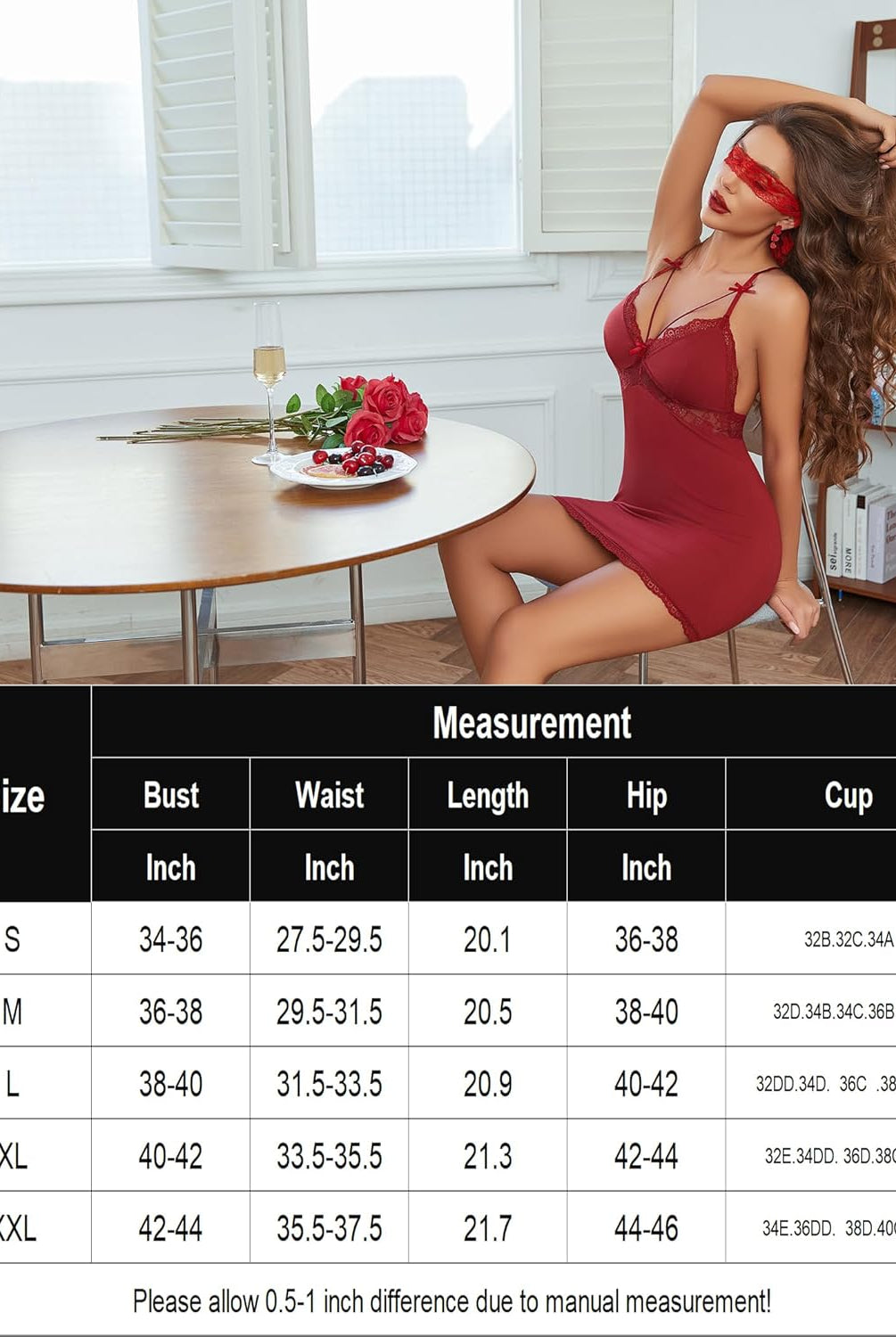 Burgundy lace chemise nightwear with adjustable straps, bow decor, and measurement chart