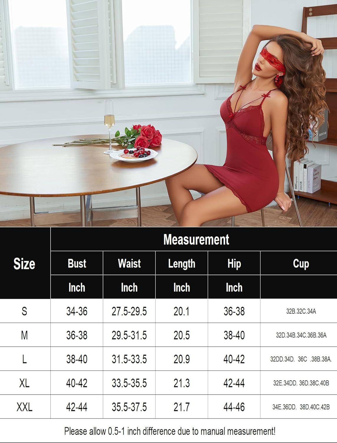 Burgundy lace chemise nightwear with adjustable straps, bow decor, and measurement chart