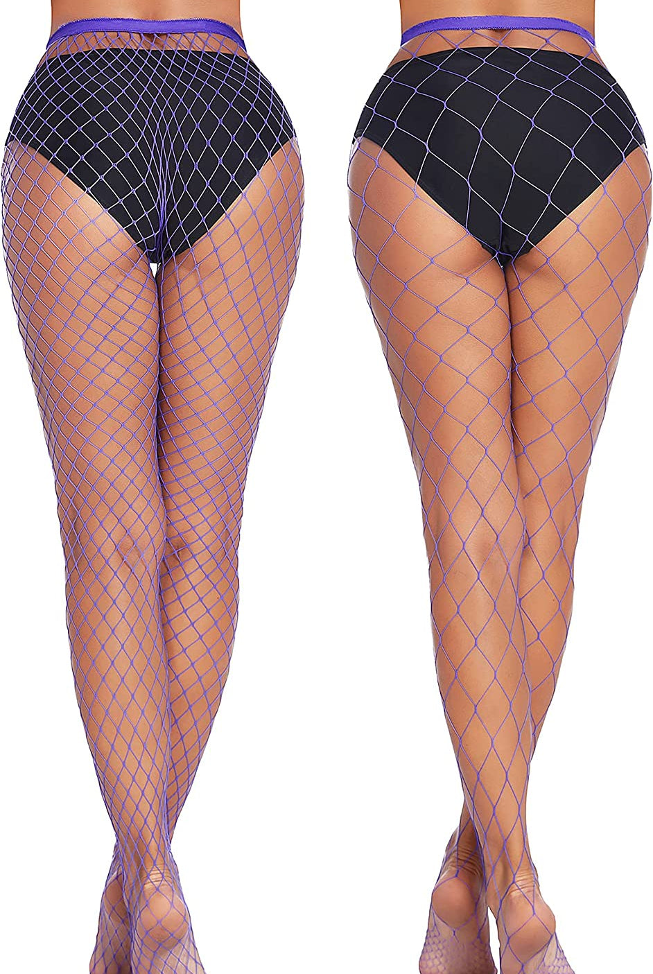 Purple diamond net plus size fishnet stockings on model. Confident and sexy look, ideal for outfits.