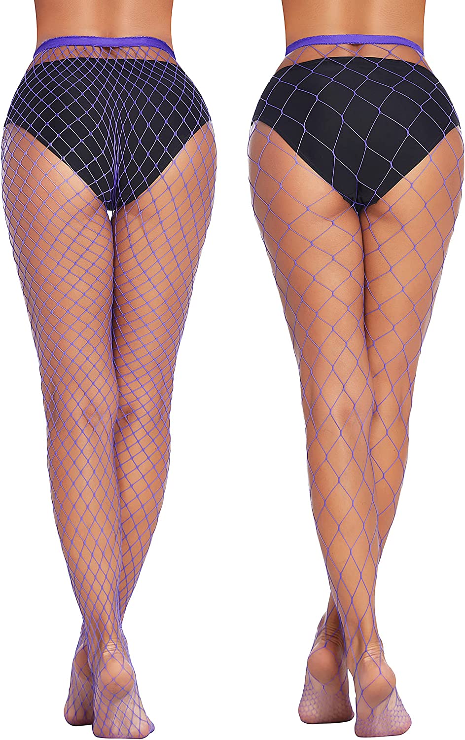 Purple diamond-net fishnet stockings, high-waisted, for confident plus size appearance