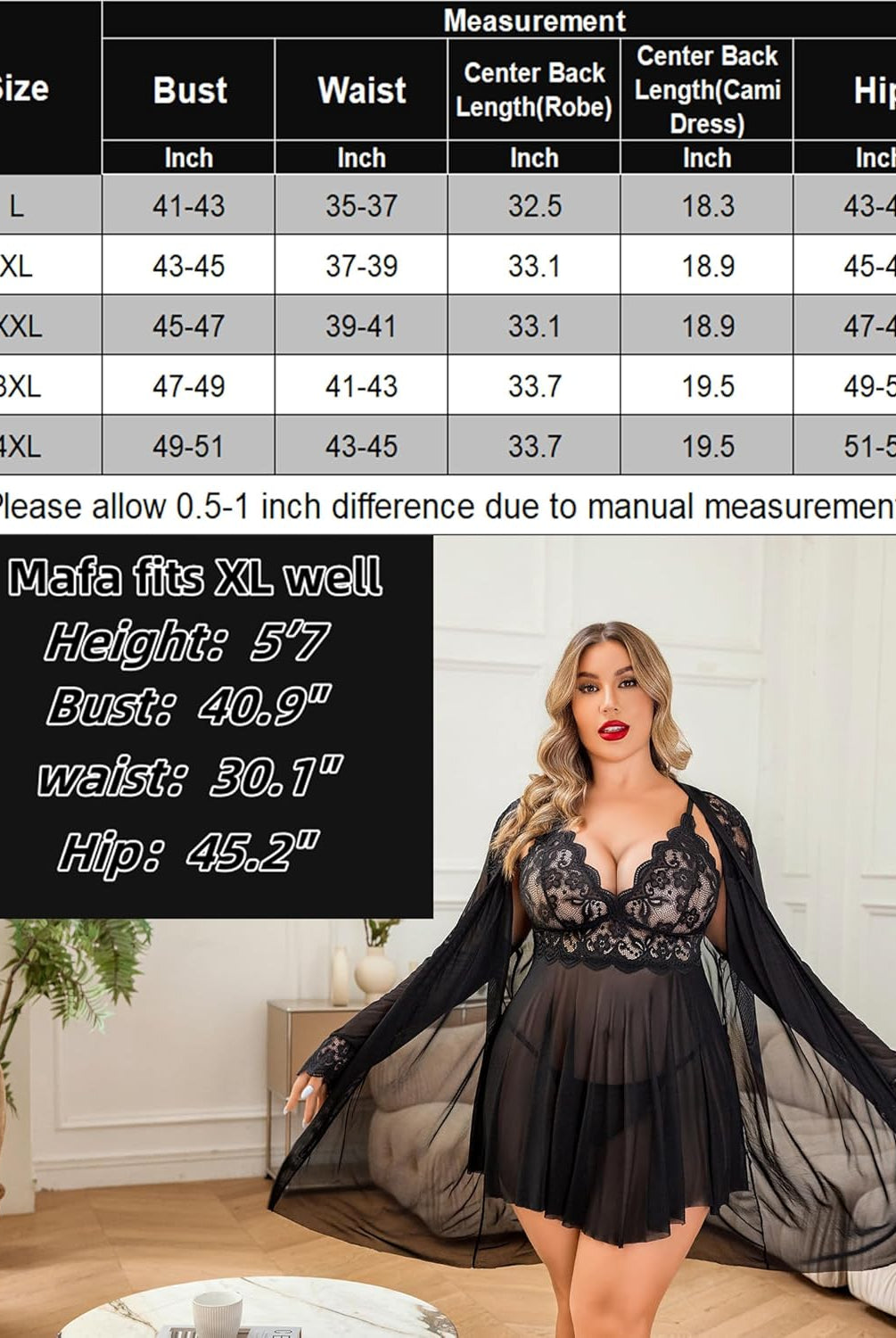 Plus Size Black Lace Lingerie Set, with model reference and size chart