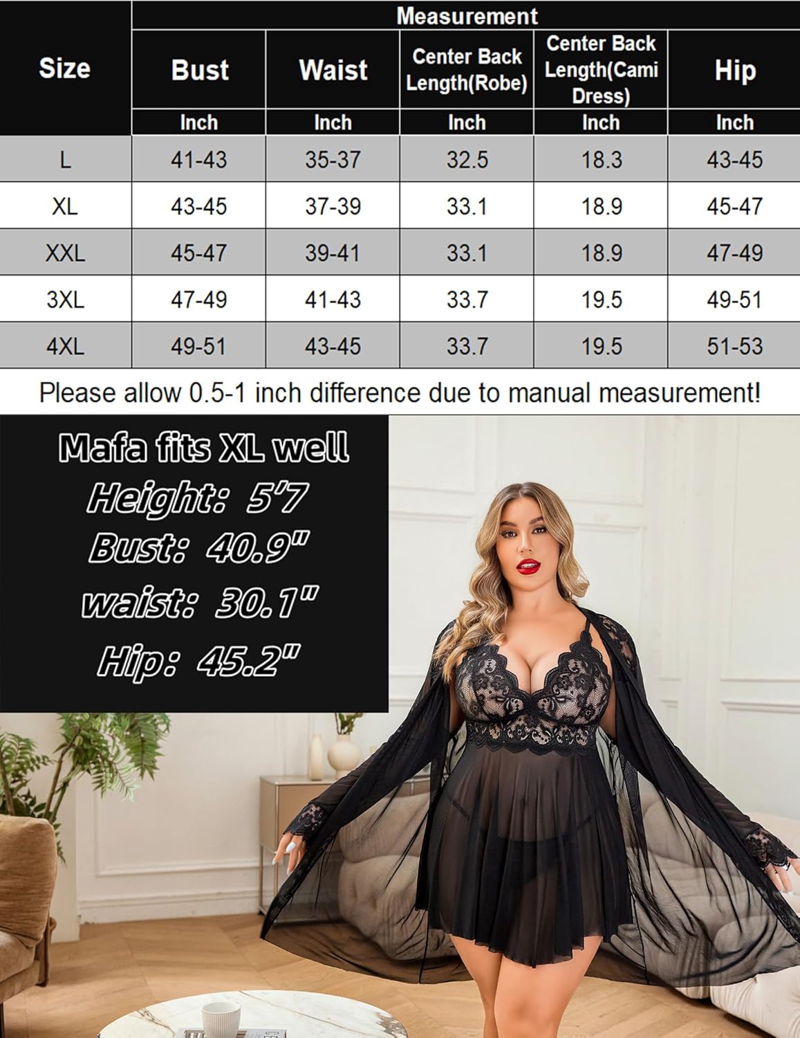 Plus Size Black Lace Lingerie Set, with model reference and size chart