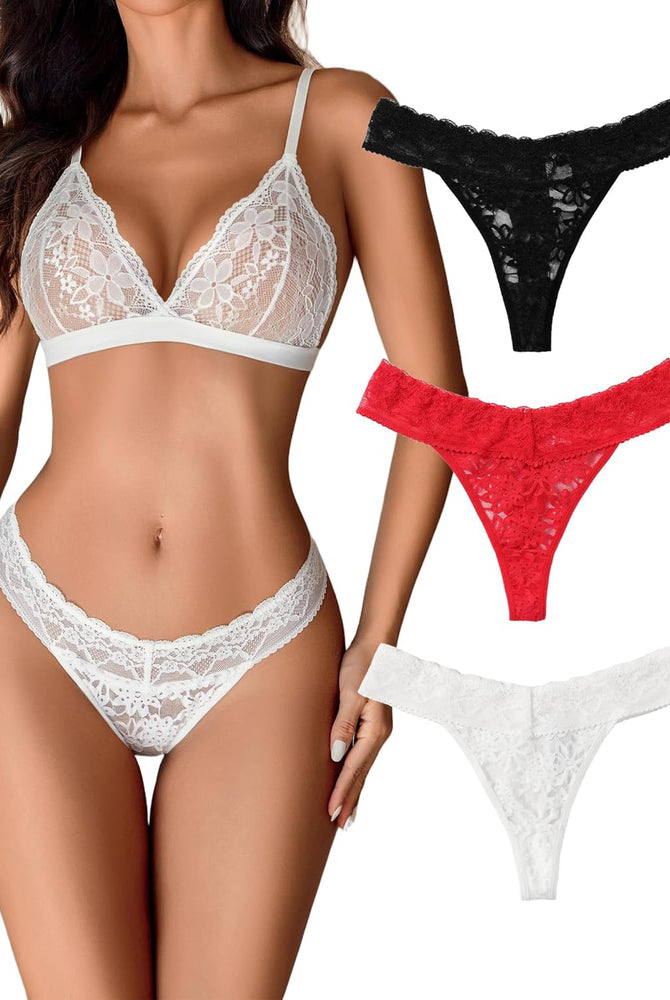 Lace lingerie set: white bralette and panties, plus black and red Brazilian panties. Sexy lingerie.
