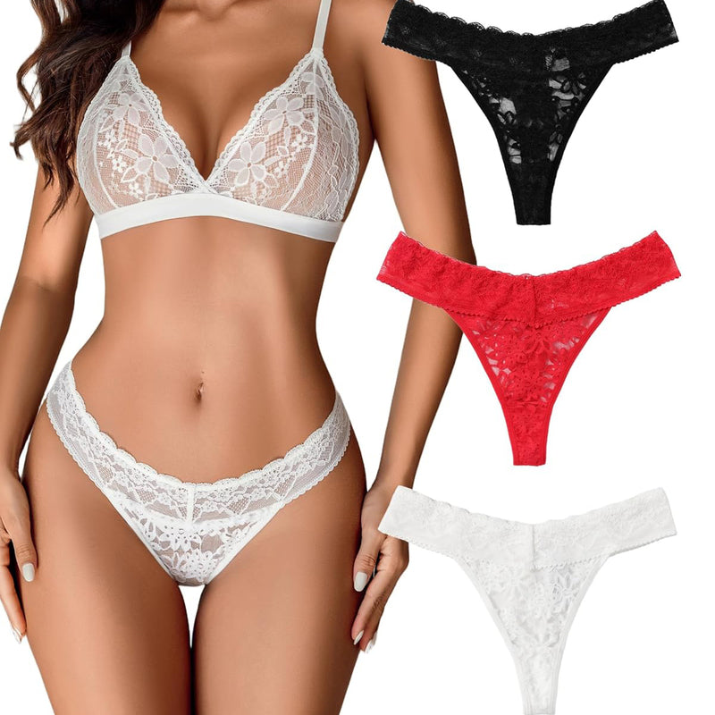 Lace lingerie set: white bralette and panties, plus black and red Brazilian panties. Sexy lingerie.