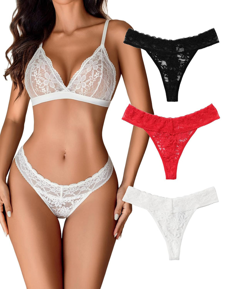 Lace lingerie set: white bralette and panties, plus black and red Brazilian panties. Sexy lingerie.