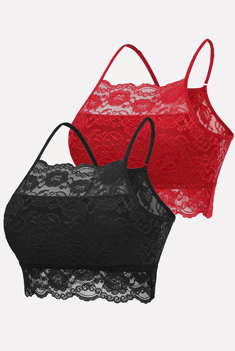 Avidlove 2-pack lace crop tops: black & red bralettes, wireless, adjustable straps, A-C cups.